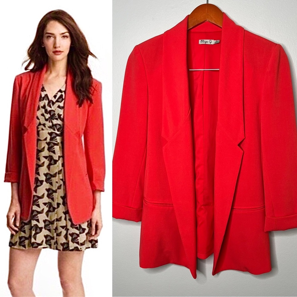 Eliza J Boyfriend Blazer Sz XS Vibrant Poppy Red 3/4 Cuff Sleeves Soft Office
